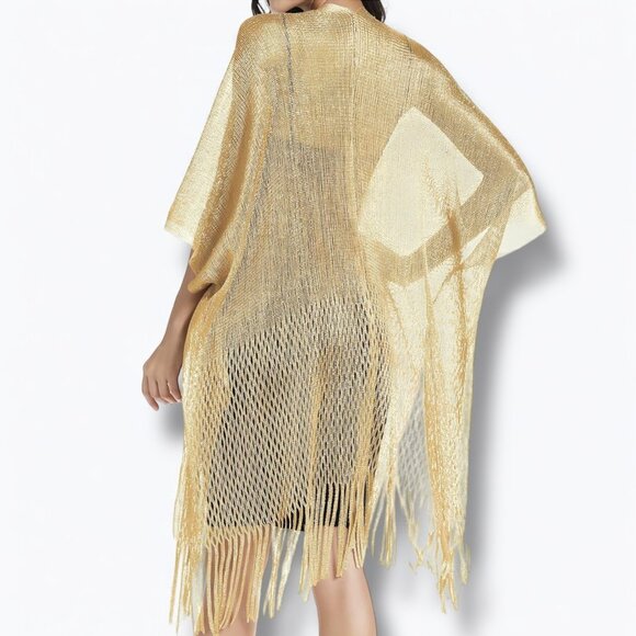 Gold Open Front Mid Length Fringe Tassel Kimono Cover Up - NEW - Picture 3 of 3